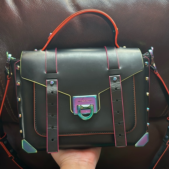 🔥🔥🔥Michael Kors Manhattan Black Leather Multicolor Top Handle Crossbody Bag - Picture 4 of 16